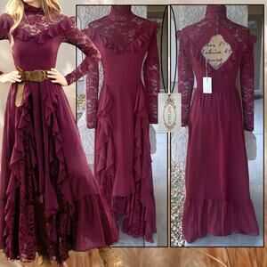 Women’s Lace Ruffle High-Neck Dress — Burgundy